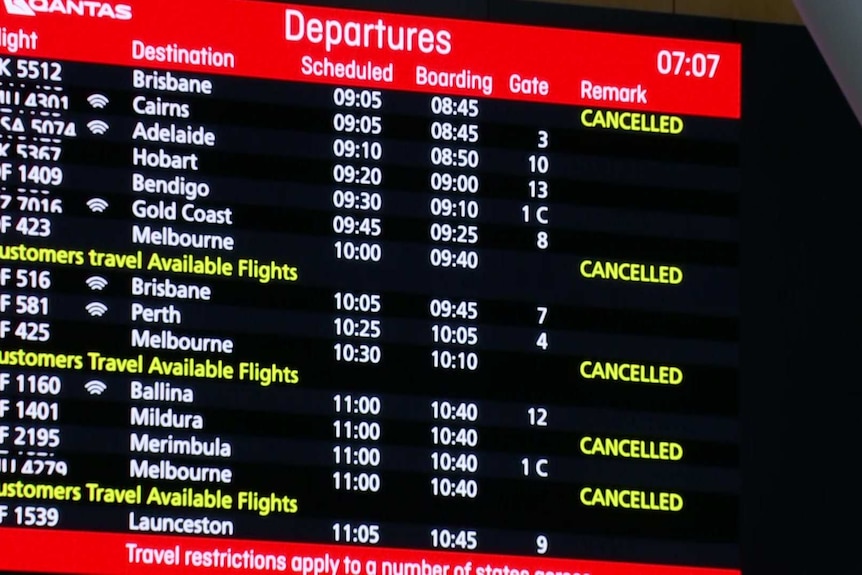 A digital board that shows all the cancelled flights