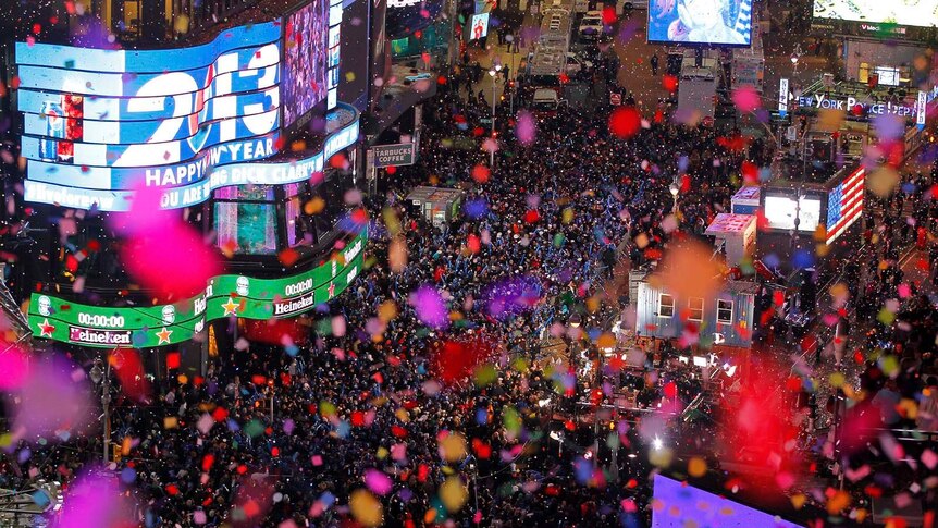 Confetti rains down on New York revellers