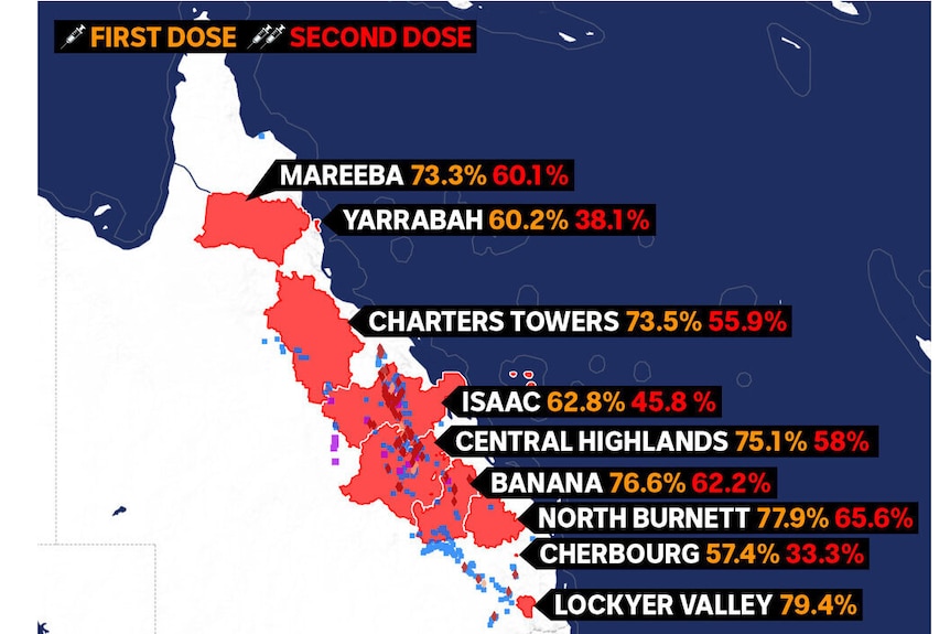 A map showing areas with poor vaccination rates and areas with coal mines and coal projects.