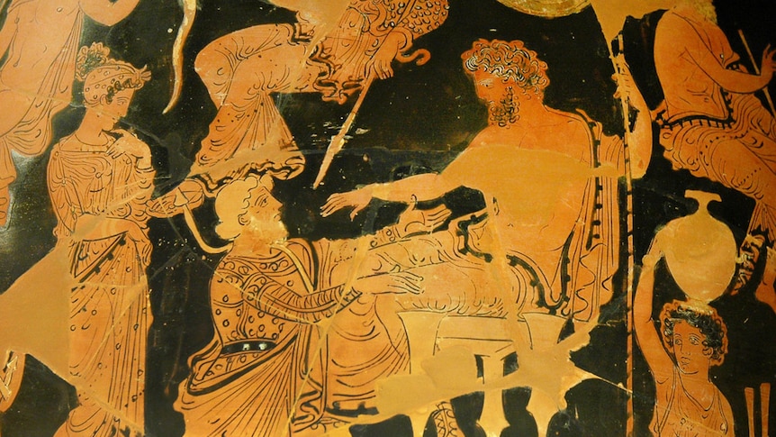 Ancient Greek pottery depicting Chryses attempting to ransom his daughter Chryseis from Agamemnon.