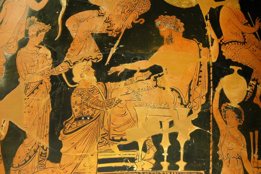 Ancient Greek pottery depicting Chryses attempting to ransom his daughter Chryseis from Agamemnon.