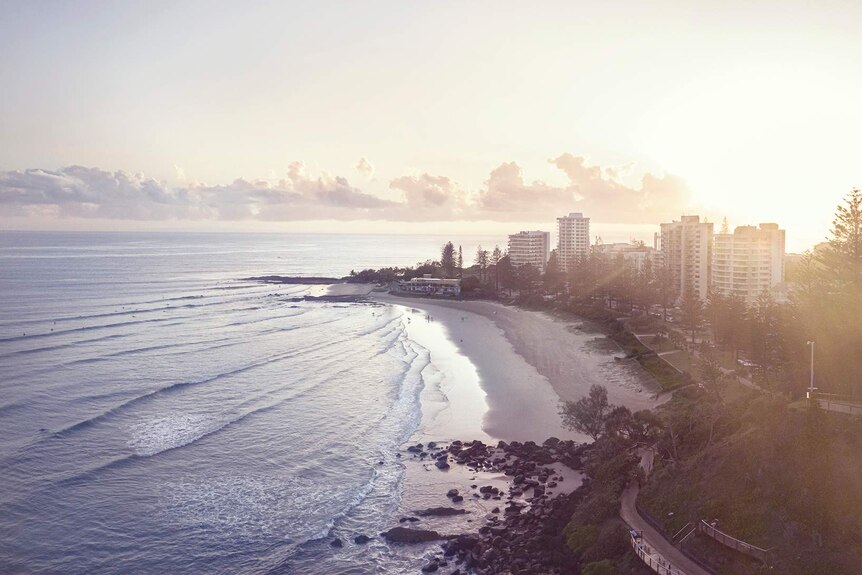 An aerial view of Rainbow Bay in the late afternoon, with the ocean meeting the sandy shore and buildings on the clifftop