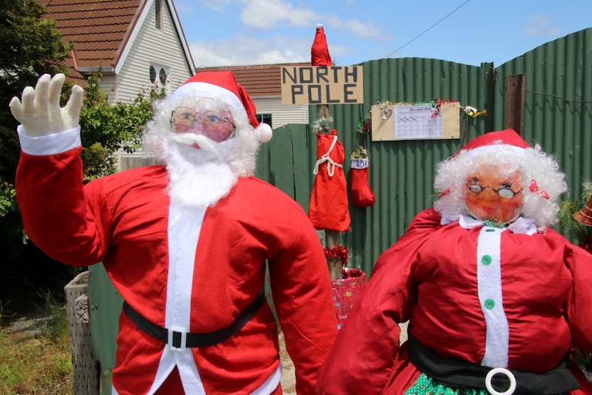 A stuffed Santa and Mrs Claus in the northern Tasmanian town of Lilydale.