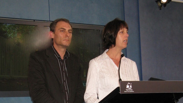 Dale Rahmanovic and Sonia Morgan at press conference talking about Tasmanian MP Paula Wriedt.