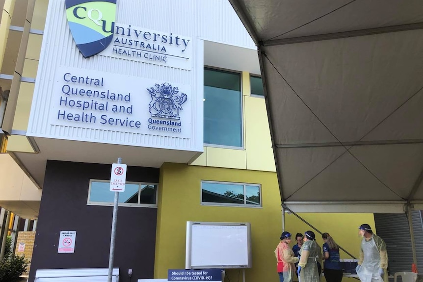 CQUniversity Health Clinic sign, nurses in PPE