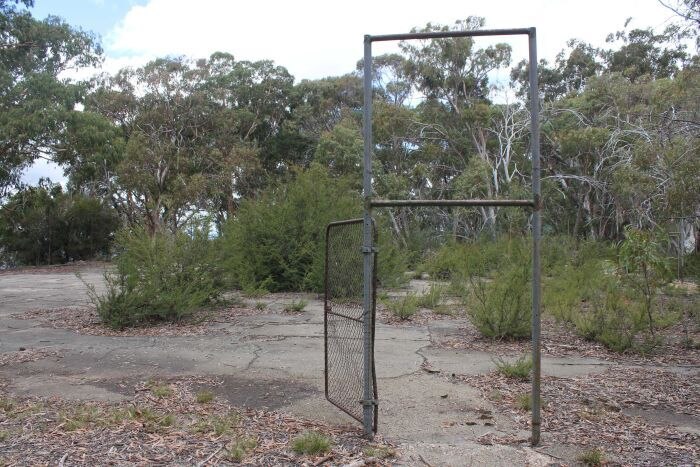 An old tennis court gate leads to some overgrown and cracked tennis courts