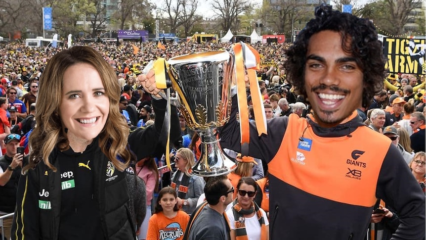 Tony Armstrong and Catherine Murphy's bobble head cut onto a photo of AFL players lifting the premiership cup at the 2019 parade