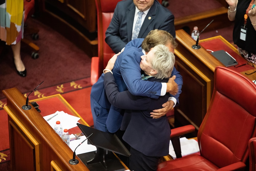 A man in a blue suit and a woman in a dark blue jacket hug, seen from above.