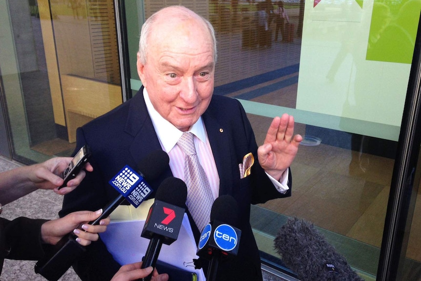 Alan Jones speaking to reporters outside court in Brisbane