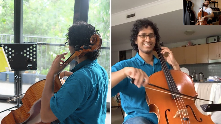 Two photos of a cellist in an online music lesson.
