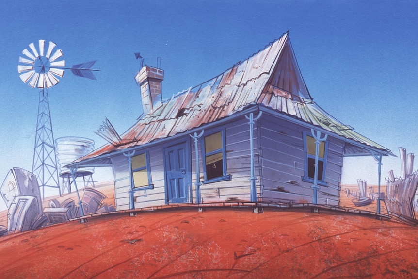 Animation background art of a shed in the outback.