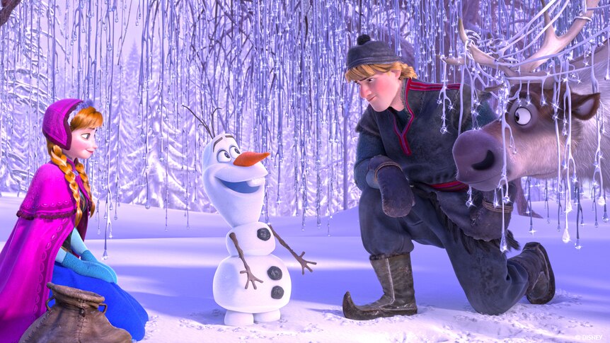 Scene from Frozen with Elsa and Stefan kneeling with Olaf and Sven in the snow.
