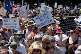 Donald Trump references pictured on signs and caps worn by protesters at a rally