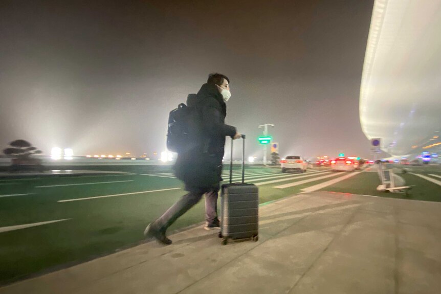 Woman wearing mask wheeling suitcase on tarmac at night.