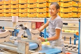 A young female pacific islander packing mangoes on conveyor belt with orange boxes in background