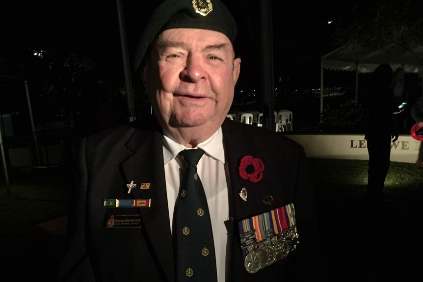 Long Tan veteran Laurie Drinkwater attended the dawn service at the Cotton Tree cenotaph in Maroochydore.