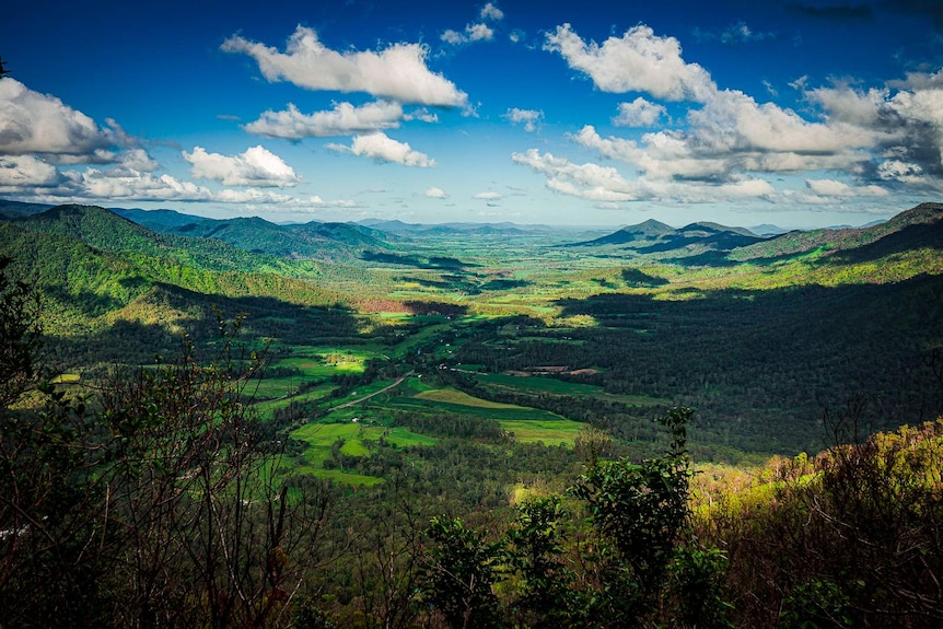Shot of the Pioneer valley from Eungella, with steep slopes ether side of the valley.