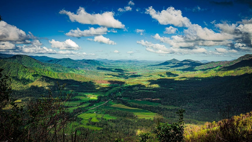 Shot of the Pioneer valley from Eungella, with steep slopes ether side of the valley