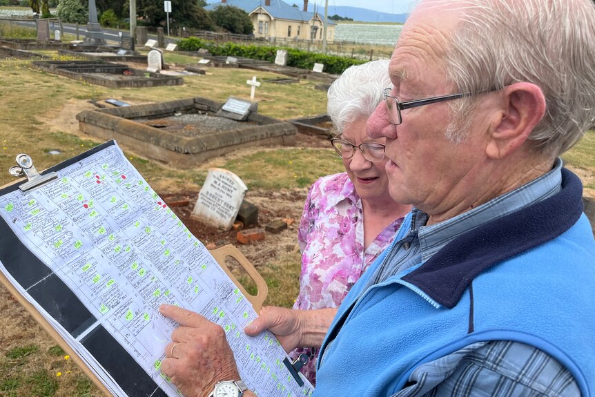  An elderly man and woman hold a list of names in a cemetery