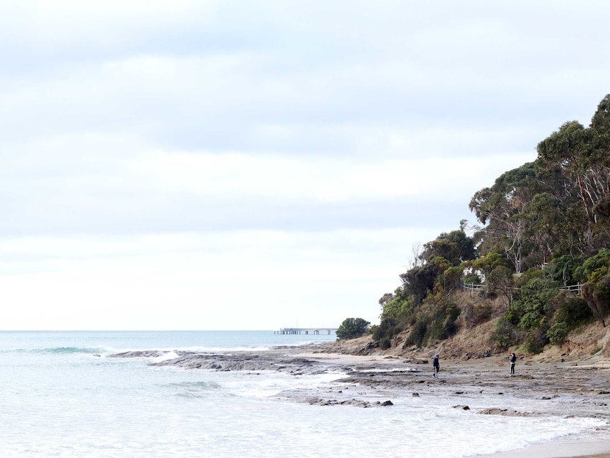 The seaside town of Lorne, here the beach is mostly empty.