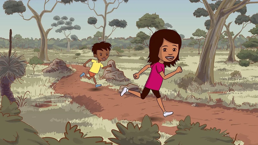 A young cartoon Indigenous boy and girl run through country