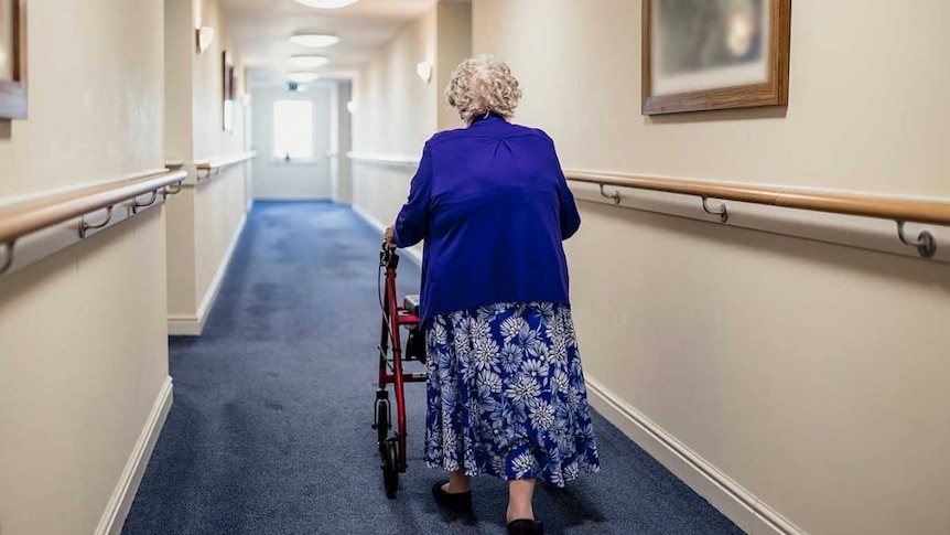 Old lady walks down corridor with a walking frame