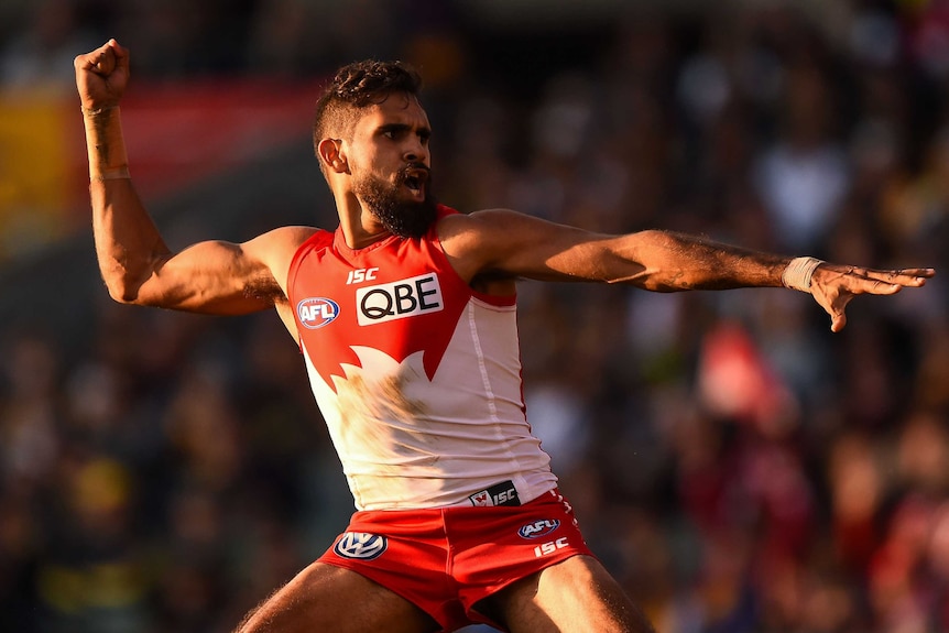 Sydney's Lewis Jetta celebrates his goal with an Indigenous dance against West Coast at Subiaco.