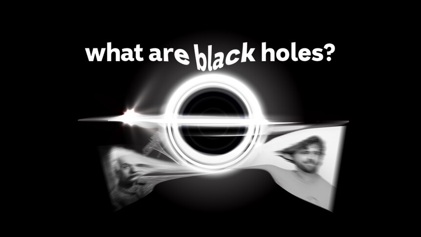 A black hole warps a photo of Cale and Albert Einstein.