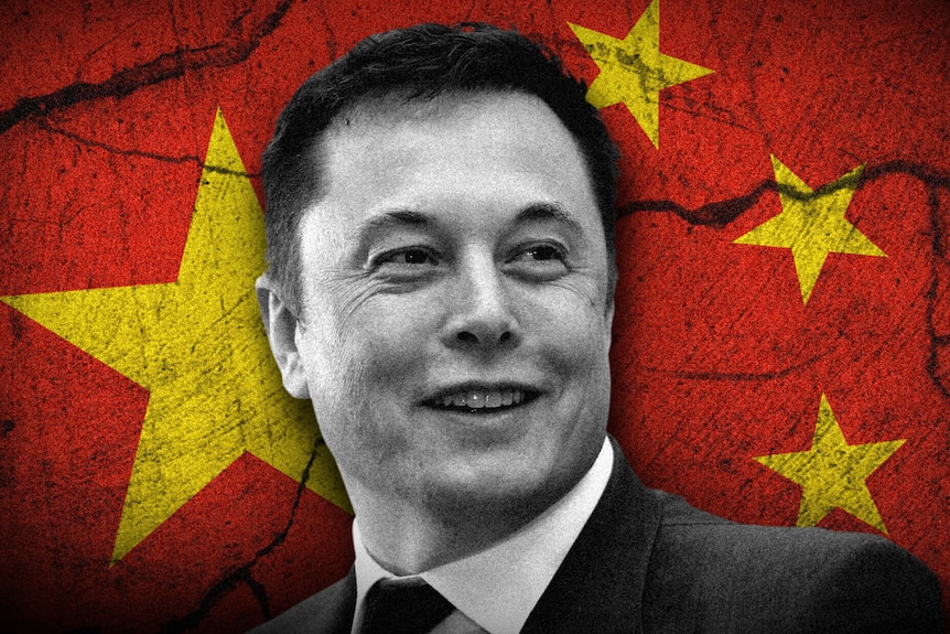 An image of Elon Musk in front of the Chinese flag