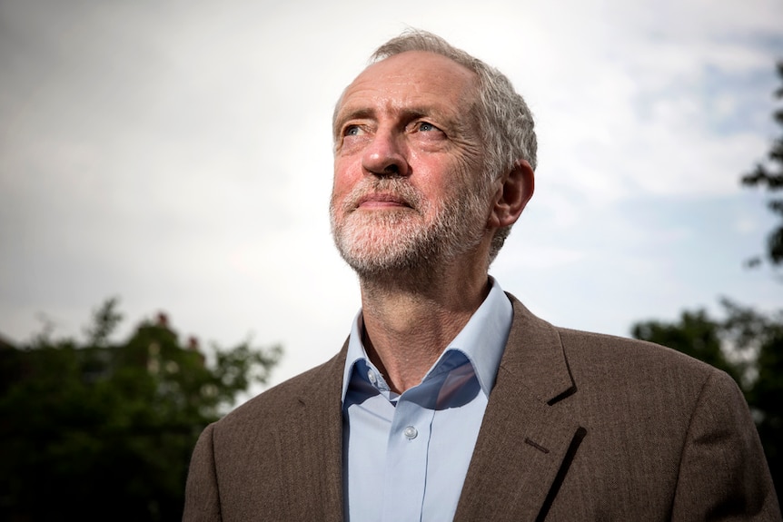 Portrait of Jeremy Corbyn looking to the sky