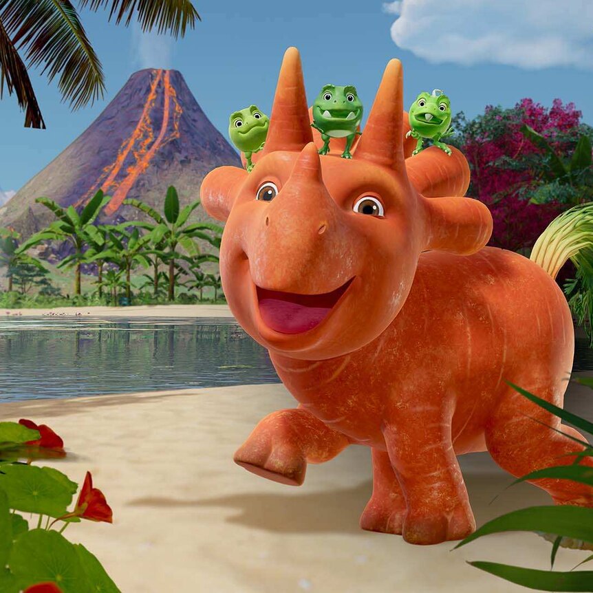 Animated image of Ginger with the three baby Pea-Rexes on her head