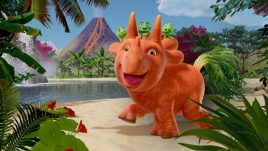 Animated image of Ginger with the three baby Pea-Rexes on her head