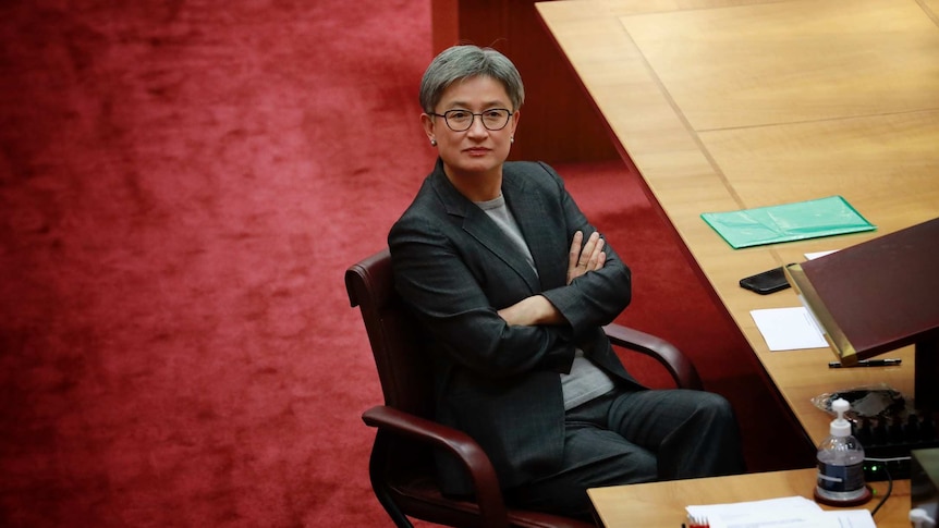 Penny Wong sits in the senate with her arms crossed