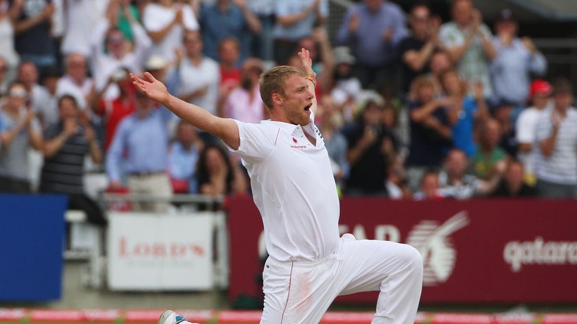 Flintoff on his knee after removing Siddle