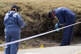 Police forensic specialists can be seen examining a crime scene behind police tape.