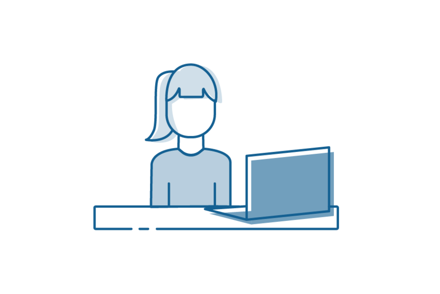 Icon drawing of person sitting at desk with computer in front of them.