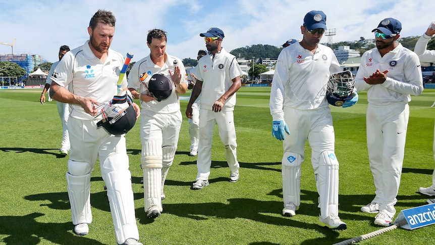 Solid knock ... Brendon McCullum (L) and BJ Watling leave the field at tea to the applause of India