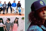 Collage: Bad//Dreems sitting on a concrete wall, Birdz wearing denim jacket and snapback hat; Camp Cope leaning against a wall