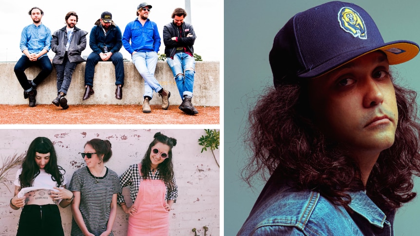 Collage: Bad//Dreems sitting on a concrete wall, Birdz wearing denim jacket and snapback hat; Camp Cope leaning against a wall