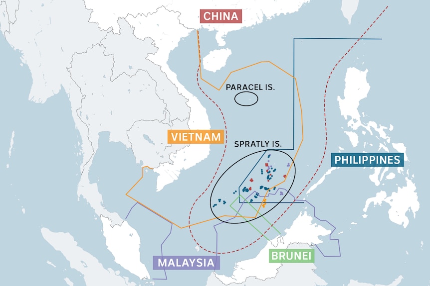 A map shows the countries and their claims around the South China Sea, marked in coloured lines.