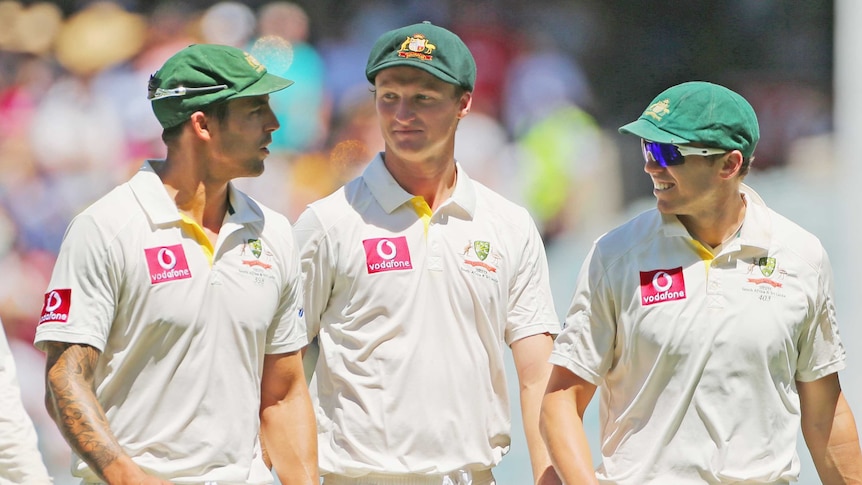 Potent unit ... Mitchell Johnson, Jackson Bird and Peter Siddle took eight wickets between them.