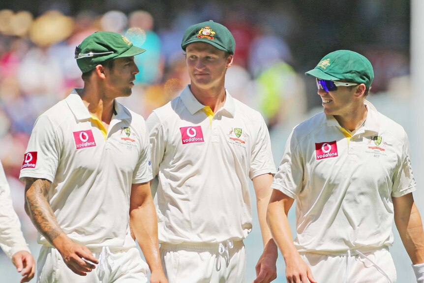 Good day's work ... primary wicket-takers Mitchell Johnson, Jackson Bird and Peter Siddle leave the field.