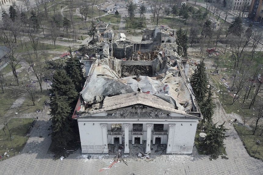 Aerial view of a destroyed theatre in Mariupol