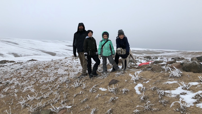 Four people and a grey dog stand on a snowy hilltop 