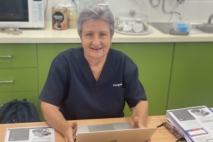 A woman in scrubs is sitting at a computer. She is smiling.