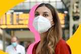 A woman in an N95 mask at an airport.