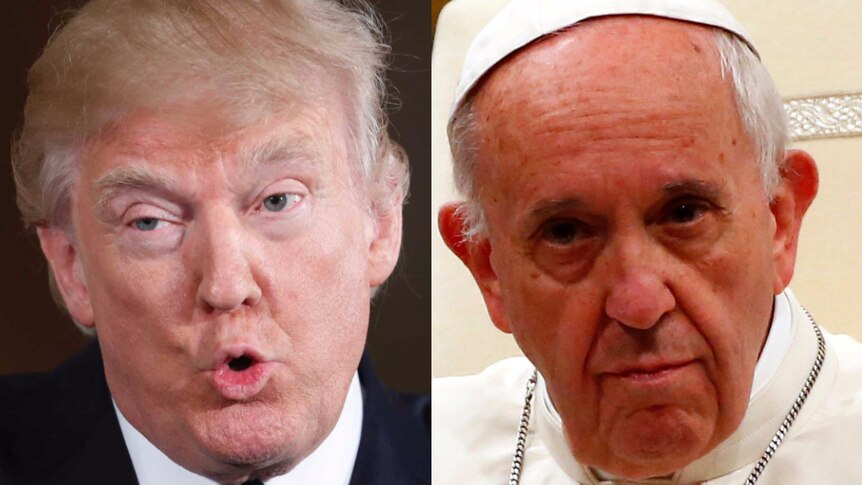 US President Donald Trump beside a photo of Pope Francis.