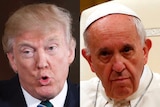 US President Donald Trump beside a photo of Pope Francis.
