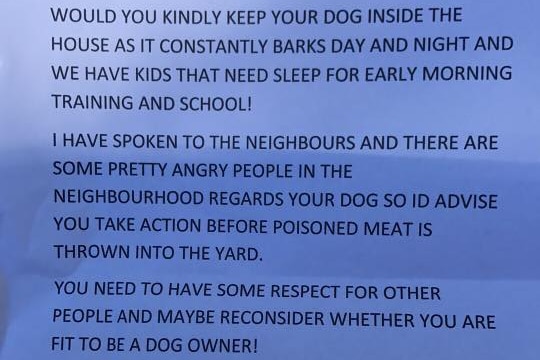 An angry and anonymous letter written about a family's barking dog
