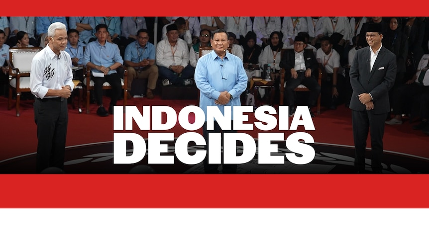 "Three candidates on a debate stage for 'INDONESIA DECIDES' in bold letters above